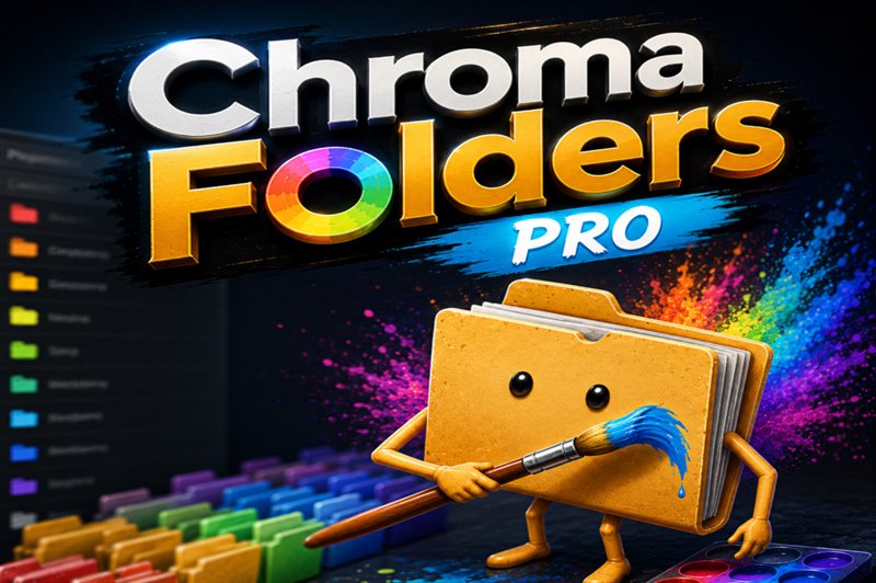 ChromaFolders Pro key art — a folder character painting colour-coded project folders