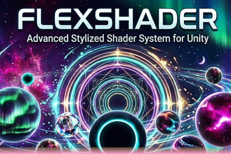 FlexShader key art — glowing concentric shader rings and stylised planets