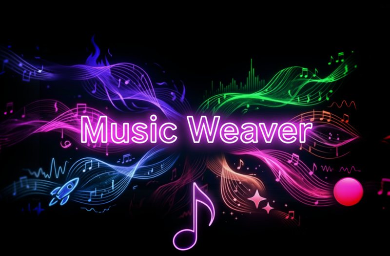 Music Weaver key art — neon staves and musical notes woven together