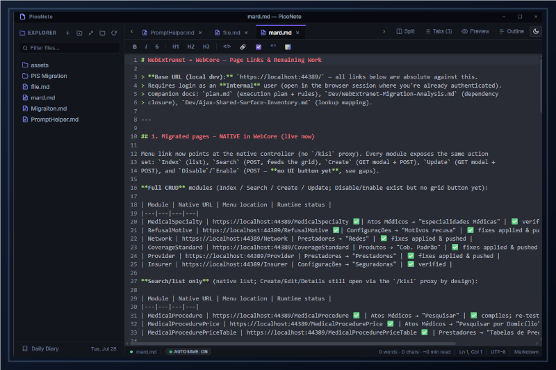 PicoNote — a frameless desktop Markdown and code editor